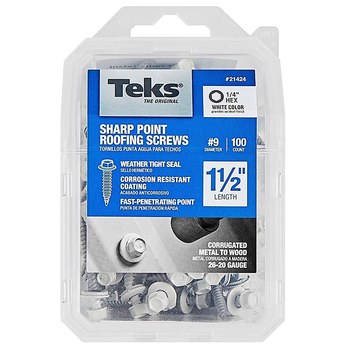 Teks - 21424 - No. 9 X 1-1/2 In. L HEX Drive HEX Washer Head Self Tapping Roofing Screws