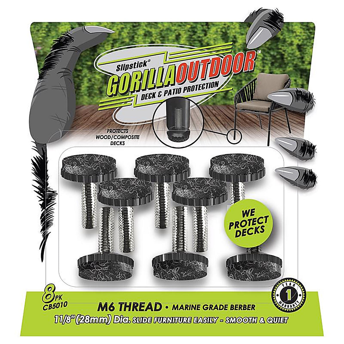 Slipstick - CB5010 - Gorilla Outdoor Black 1-1/8 In. Screw-On Felt Chair Glide 8 Pack