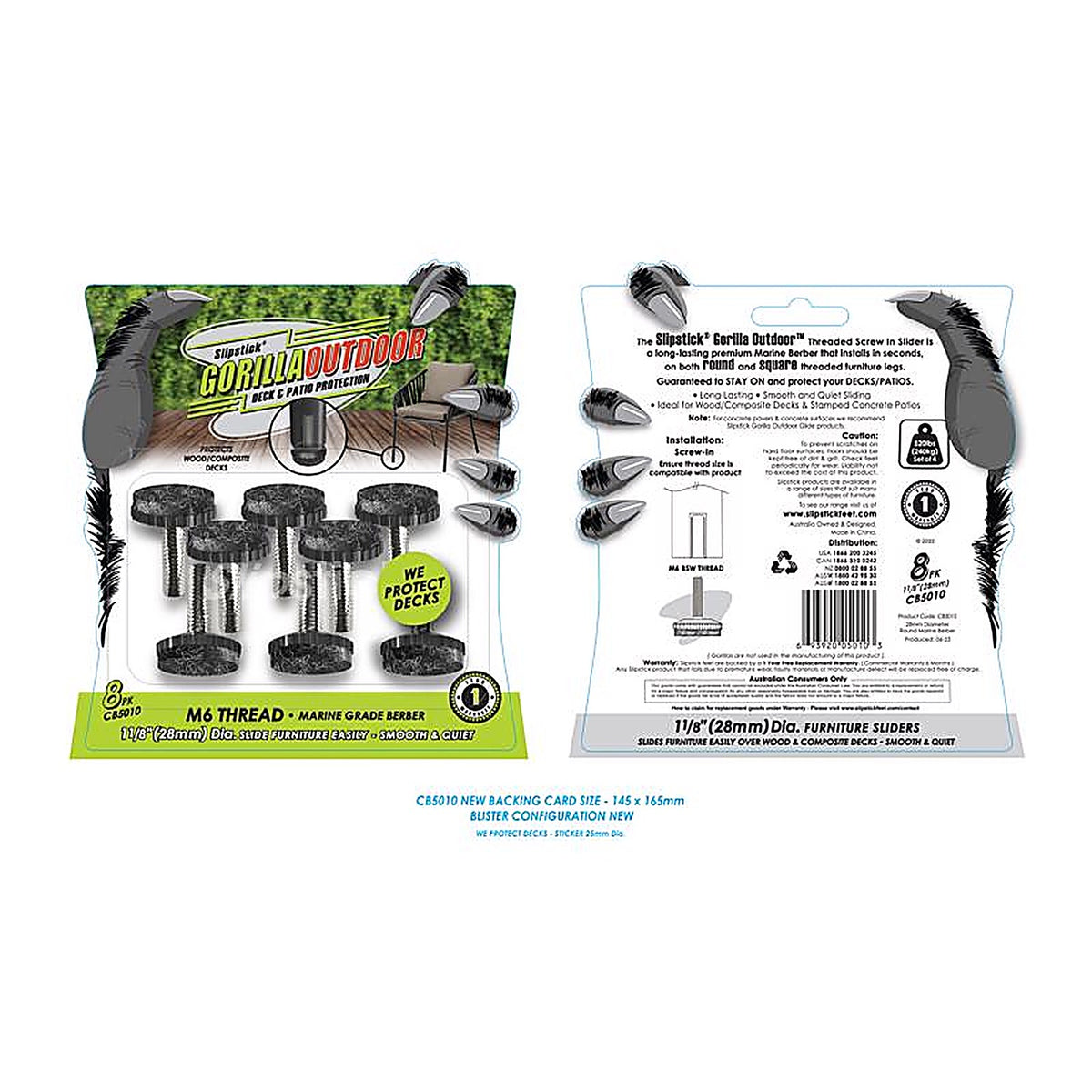Slipstick - CB5010 - Gorilla Outdoor Black 1-1/8 In. Screw-On Felt Chair Glide 8 Pack