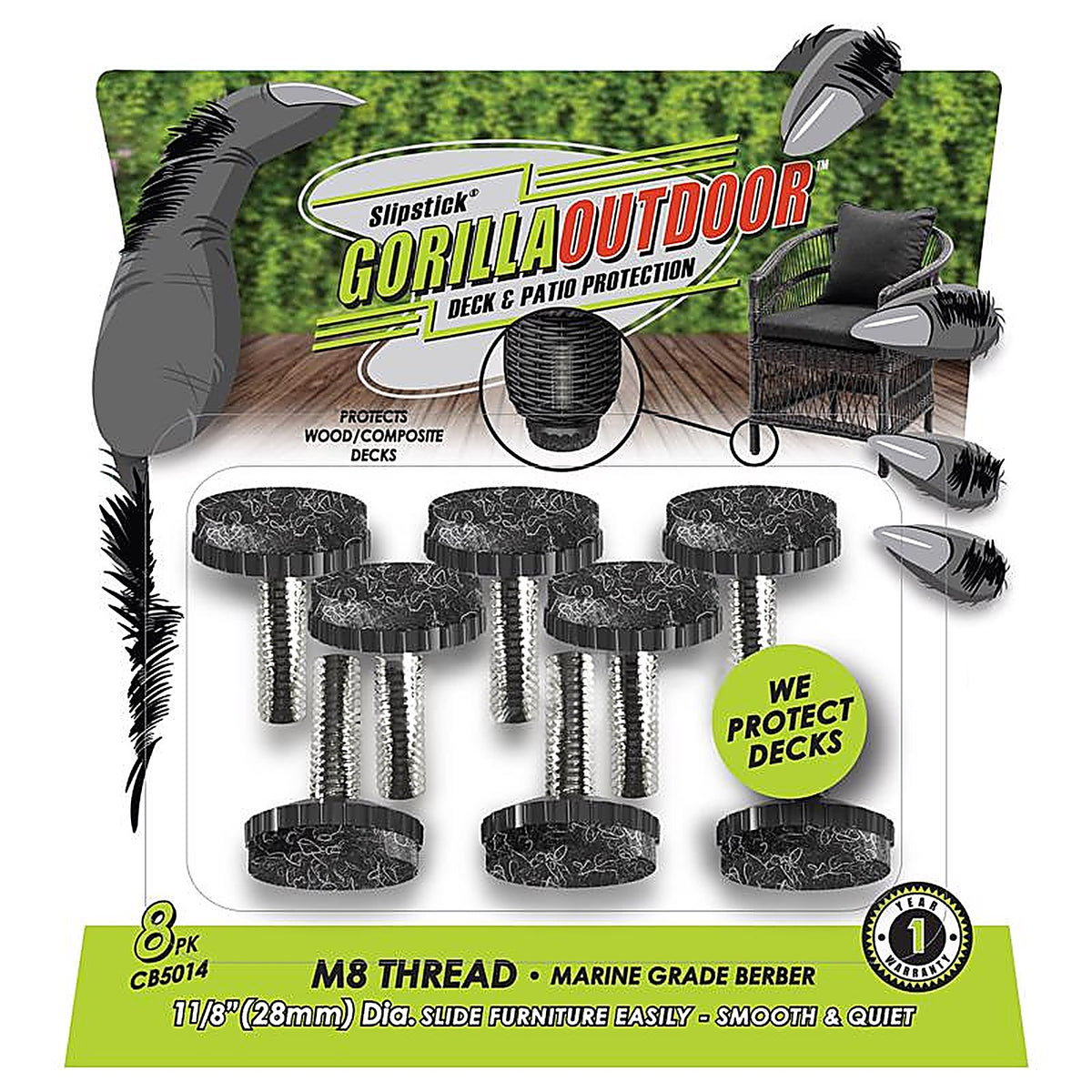 Slipstick - CB5014 - Gorilla Outdoor Black 1-1/8 In. Screw-On Felt Chair Glide 8 Pack
