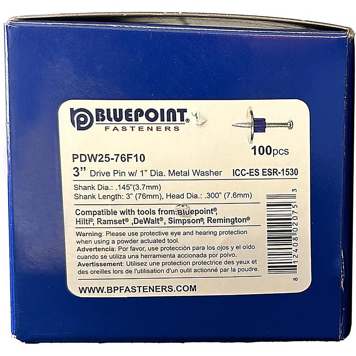 Blue Point - PDW25-76F10 - .300 In. D X 3 In. L Steel Flat Head Drive Pin with Washer 100 Box