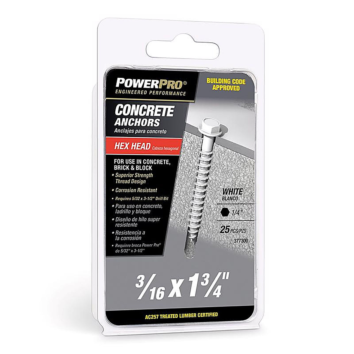 Hillman - 377300 - 3/16 In. D X 1-3/4 In. L Carbon Steel HEX Head Concrete Screw Anchor 25 Piece