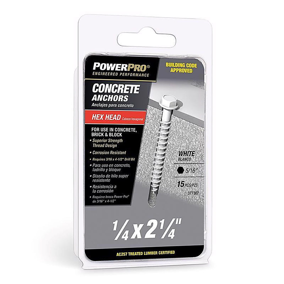 Hillman - 377307 - Power Pro 1/4 In. D X 2-1/4 In. L Carbon Steel HEX Head Concrete Screw Anchor 15 Piece