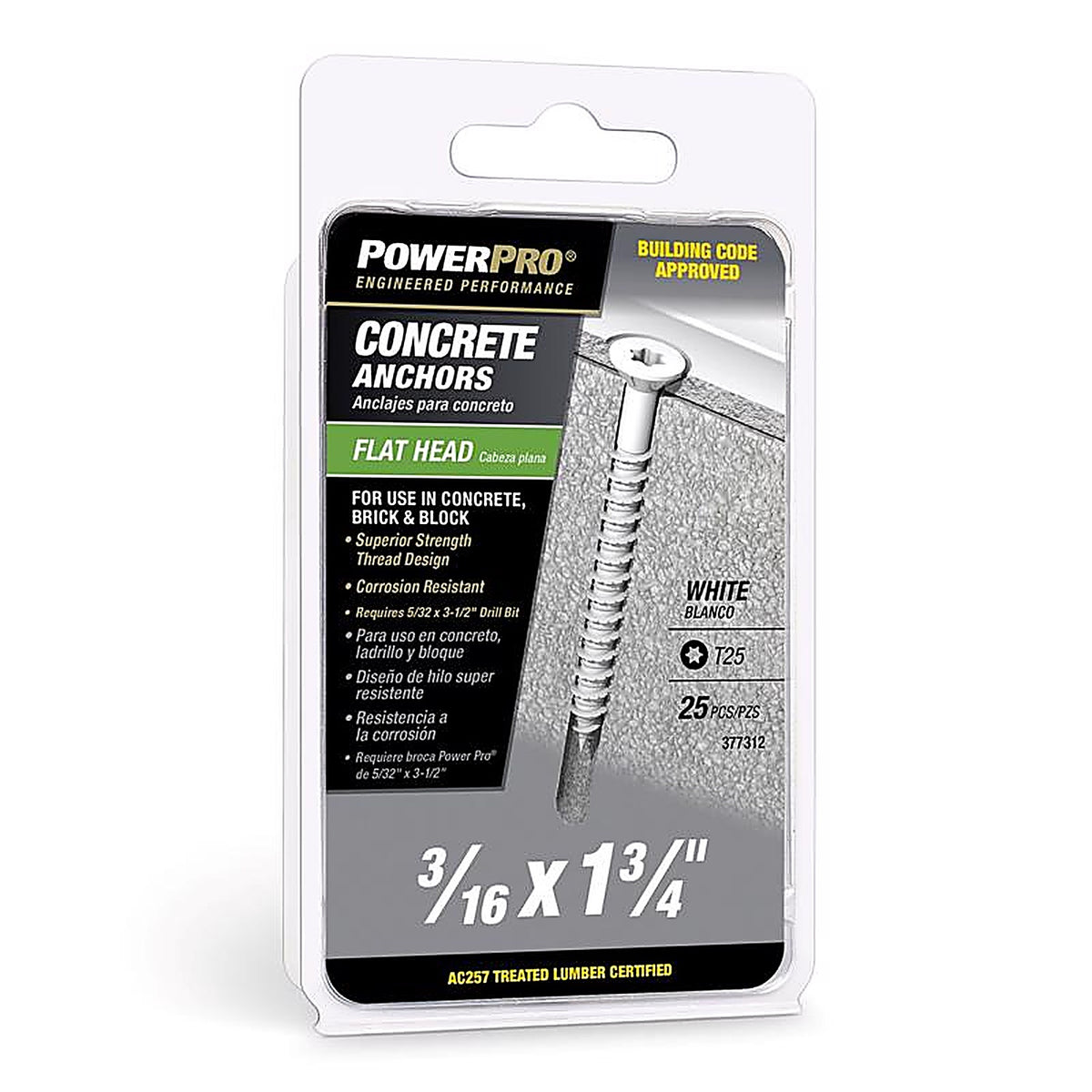 Hillman - 377312 - 3/16 In. D X 1-3/4 In. L Carbon Steel Flat Head Concrete Screw Anchor 25 Piece