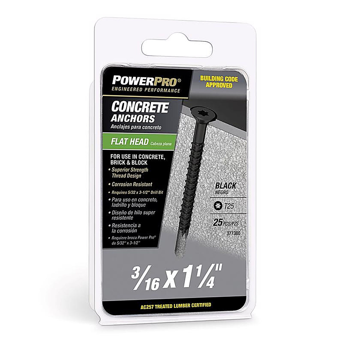 Hillman - 377380 - 3/16 In. D X 1-1/4 In. L Carbon Steel Flat Head Concrete Screw Anchor 25 Pack
