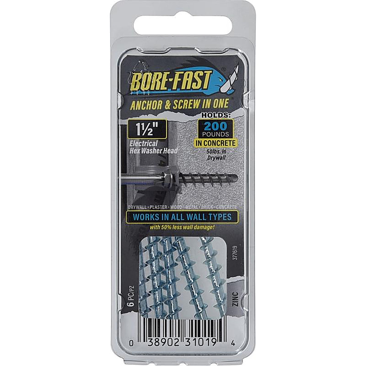 Hillman - 377619 - Bore-Fast 1/4 In. D X 1-1/2 In. L Steel HEX Head Screw and Anchor 6 Pack