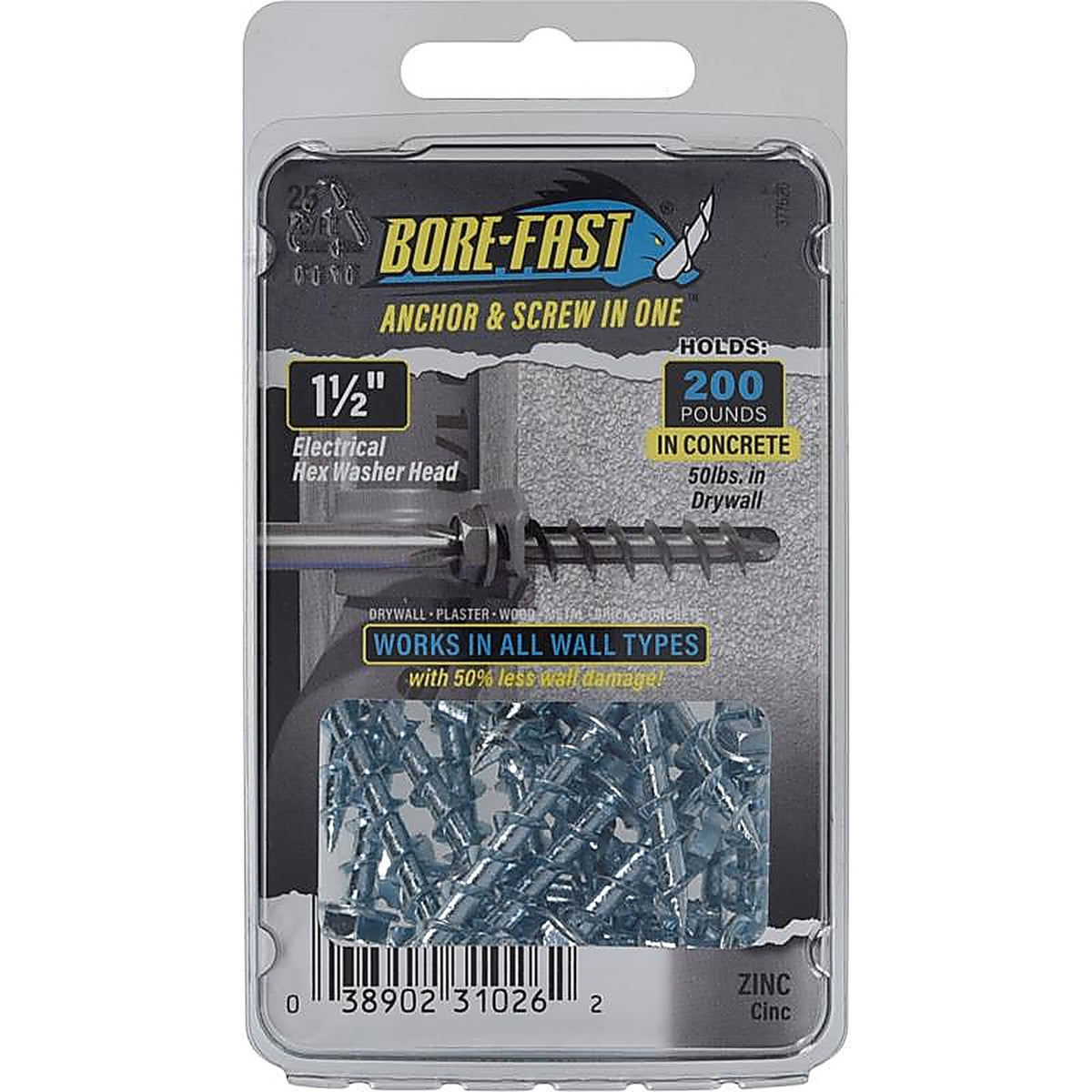 Hillman - 377626 - Bore-Fast 1/4 In. D X 1-1/2 In. L Steel HEX Head Screw and Anchor 25 Pack