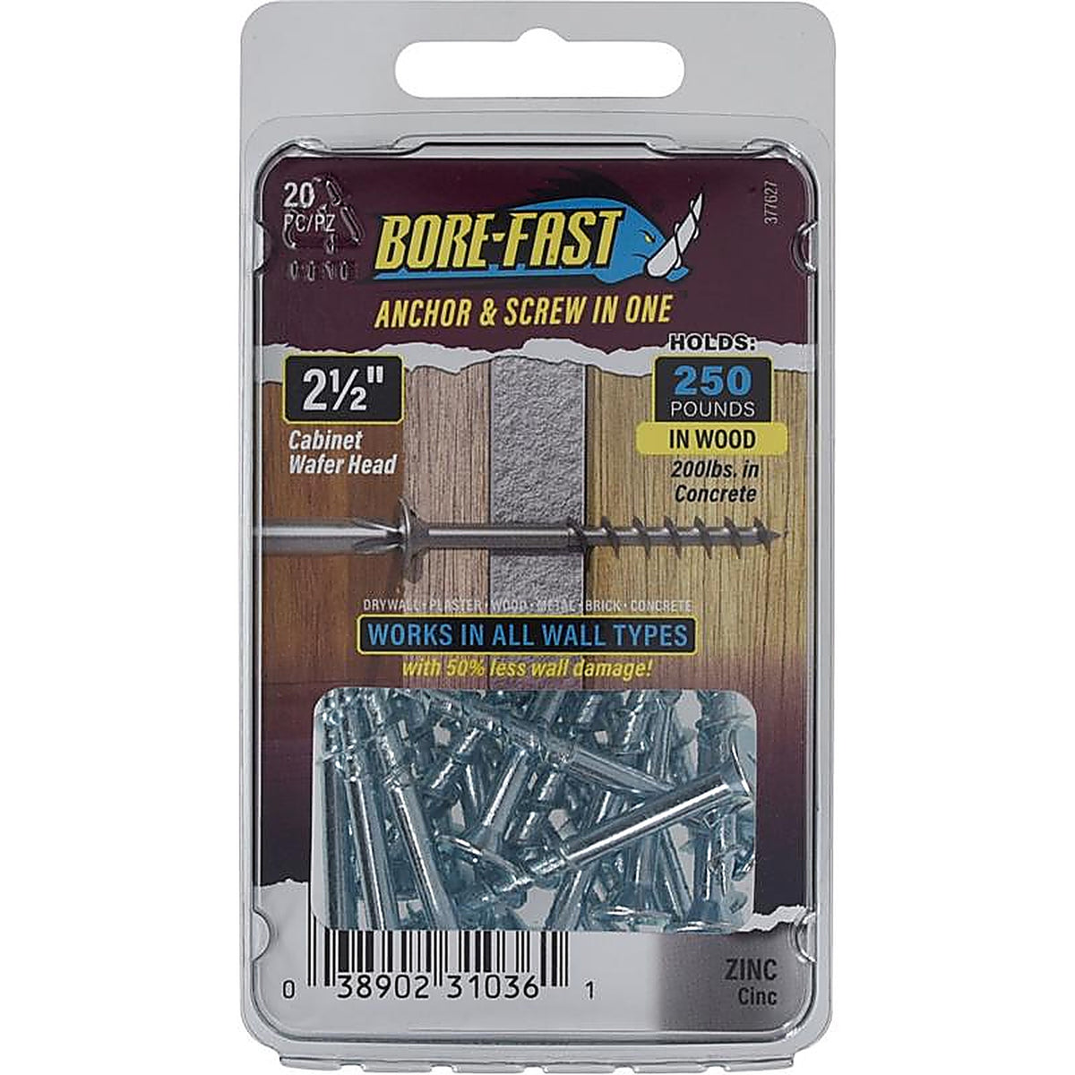 Hillman - 377627 - Bore-Fast 1/4 In. D X 2-1/2 In. L Steel Pan/Wafer Head Screw and Anchor 20 Pack