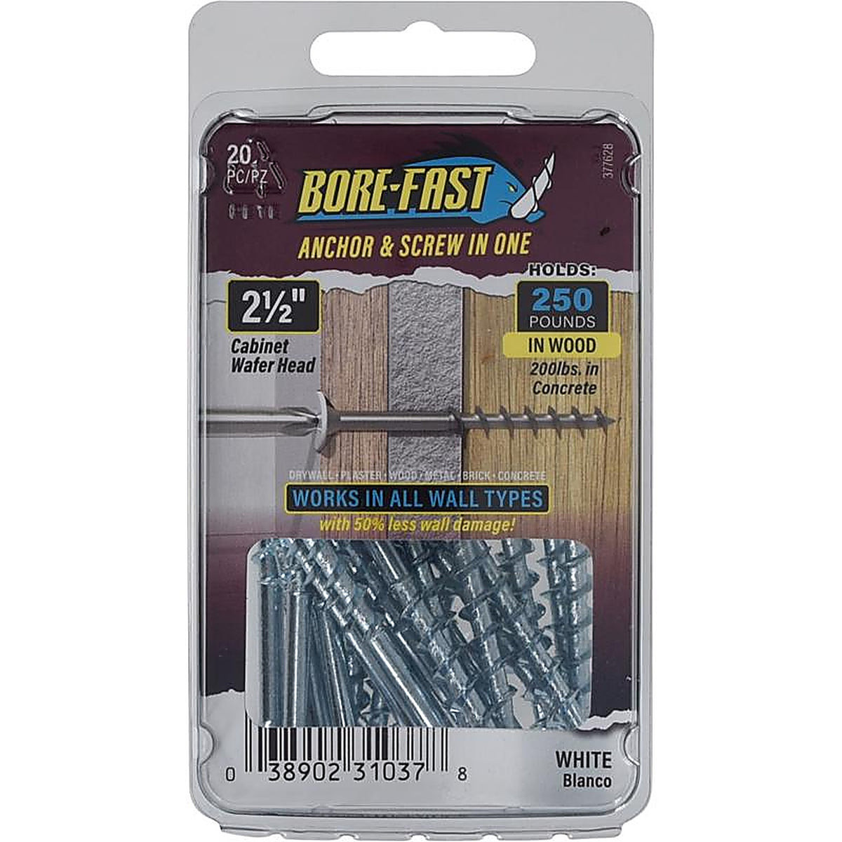 Hillman - 377628 - Bore-Fast 1/4 In. D X 2-1/2 In. L Steel Pan/Wafer Head Screw and Anchor 20 Pack