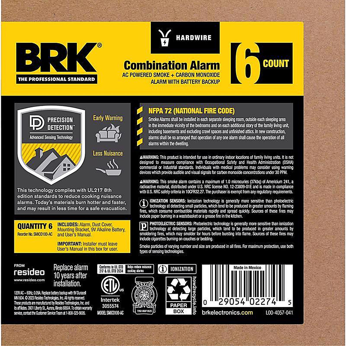 BRK - 1046873 - Brake Hard-Wired w/Battery Back-Up Ionization Smoke and Carbon Monoxide Detector 6 Pack