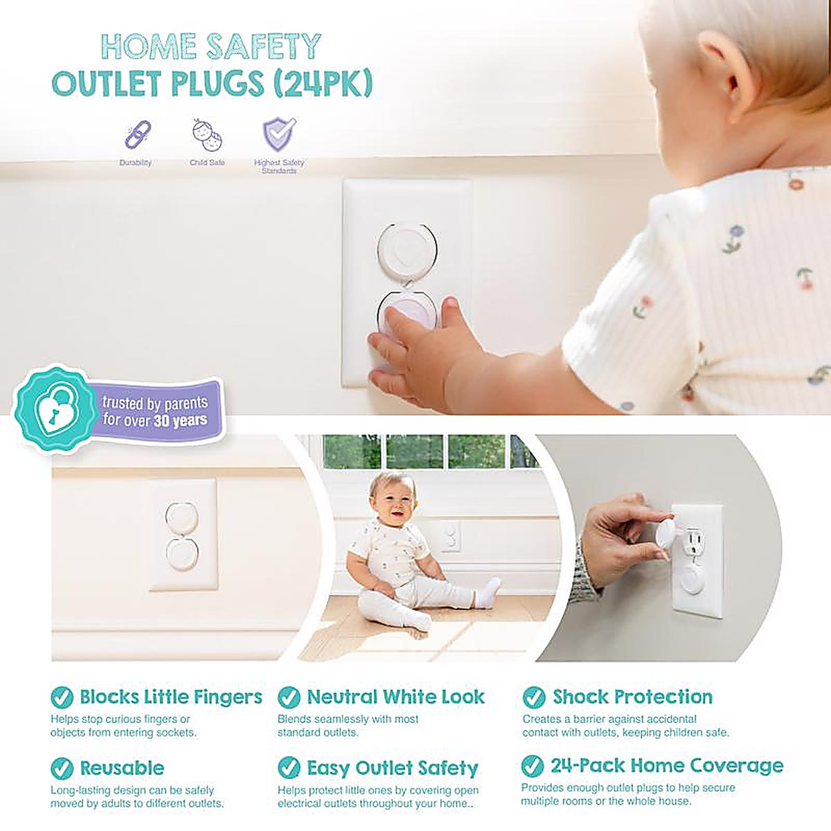 Regalo - 6100 W - White Plastic Outlet Safety Plugs 24 Pack