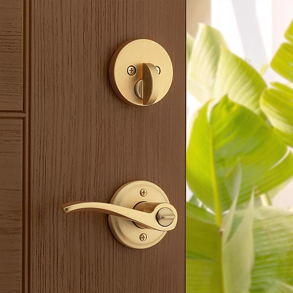 Kwikset - 99910-074 - Sedona Transitional Satin Brass Lever and Single Cylinder Deadbolt Kw1 1-3/4 In.