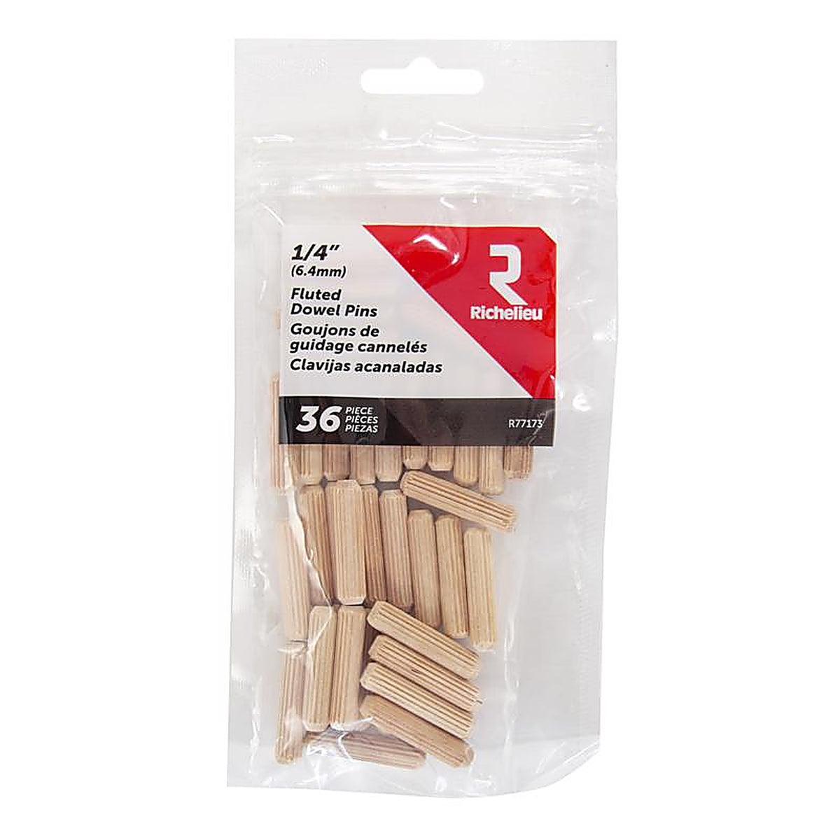 Richelieu - R77173 - Fluted Wood Dowel Pin 1/4 In. D X 1.125 In. L 36 Pack Natural