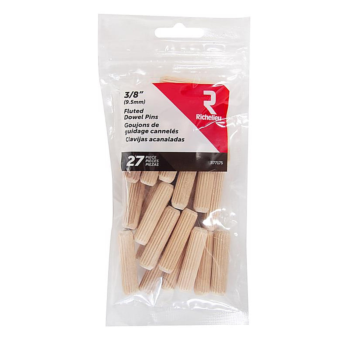 Richelieu - R77175 - Fluted Wood Dowel Pin 3/8 In. D X 1.5 In. L 27 Pack Natural