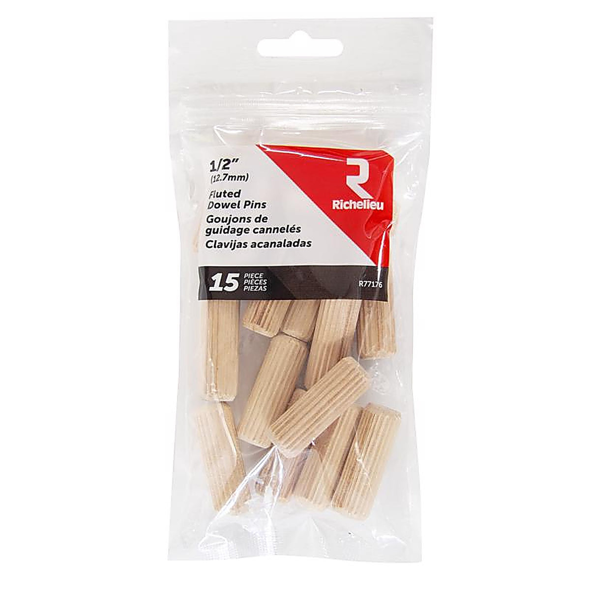 Richelieu - R77176 - Fluted Wood Dowel Pin 1/2 In. D X 1.5 In. L 15 Pack Natural