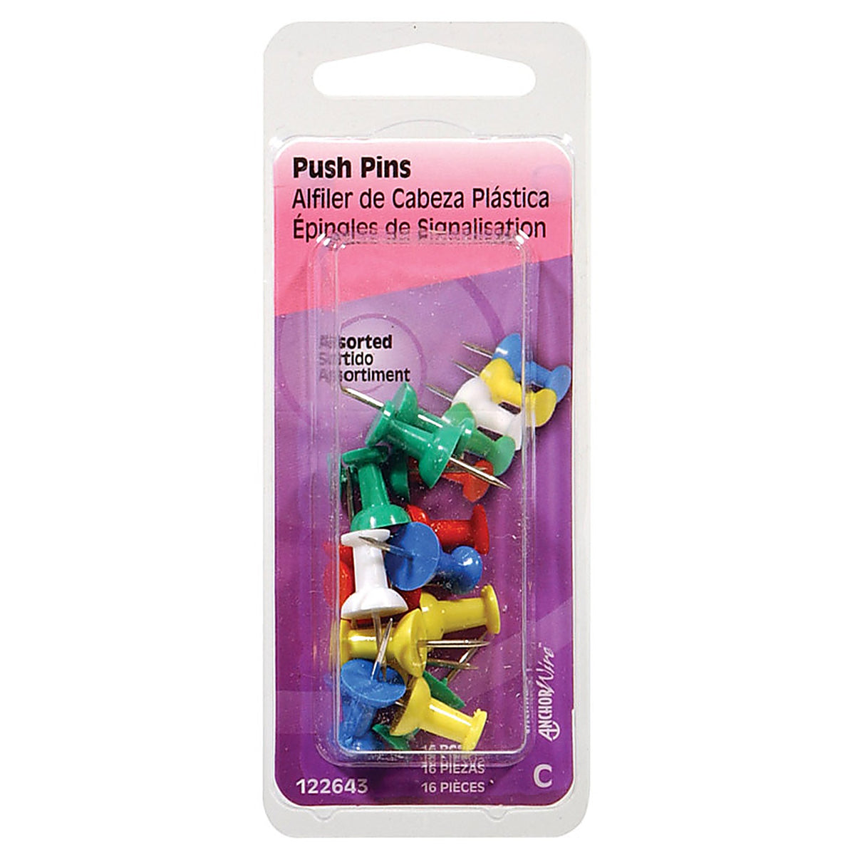 Hillman 122643 Assorted Push Pins 16/Pack