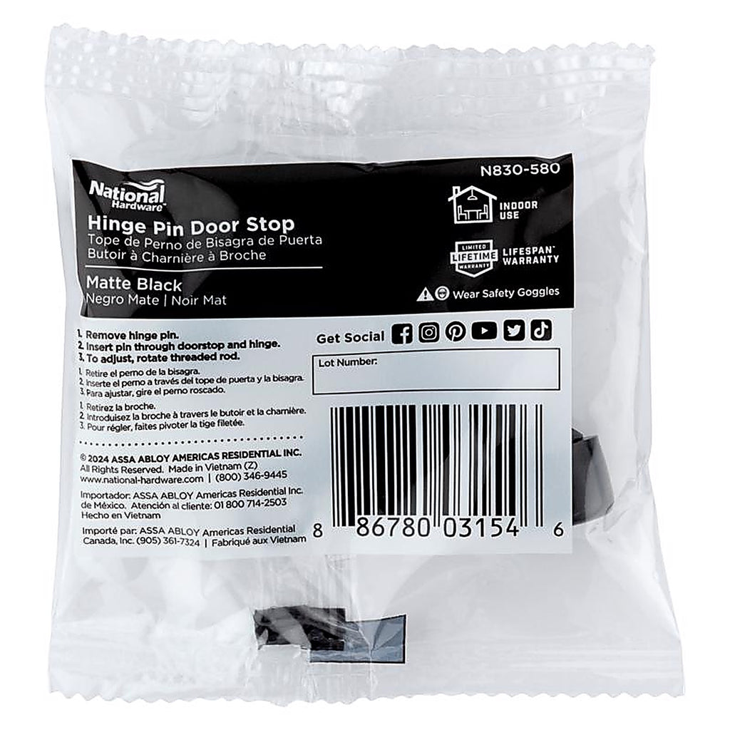 National Hardware - N830-580 - Zinc Matte Black Hinge Pin Door Stop Mounts to Door 0.63 In.