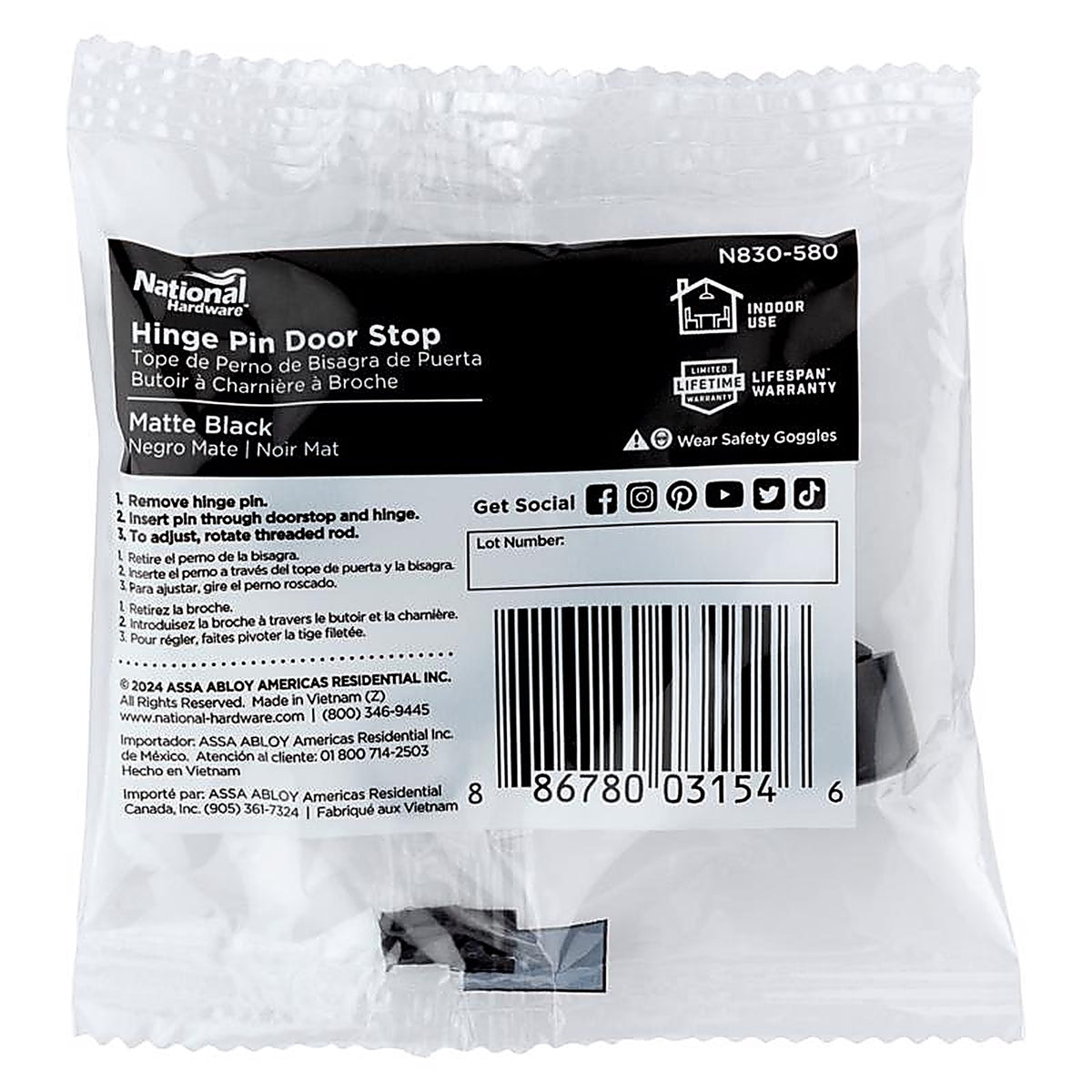 National Hardware - N830-580 - Zinc Matte Black Hinge Pin Door Stop Mounts to Door 0.63 In.