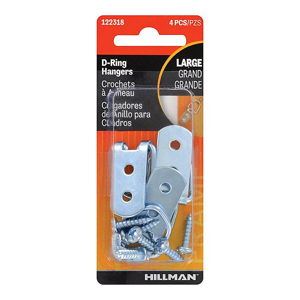 Hillman 122318 Silver Steel Large D-Ring Hanger 4/Pack 15 lb.