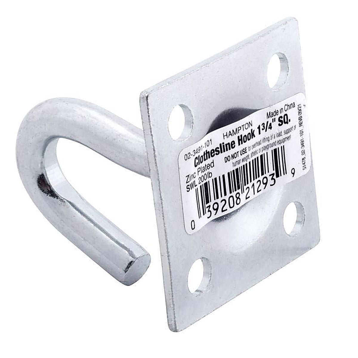 Hampton 02-3491-101 Small Zinc-Plated Silver Steel 1.75 in. L Clothesline Hook Plate Type 200 lb. 1/Pack