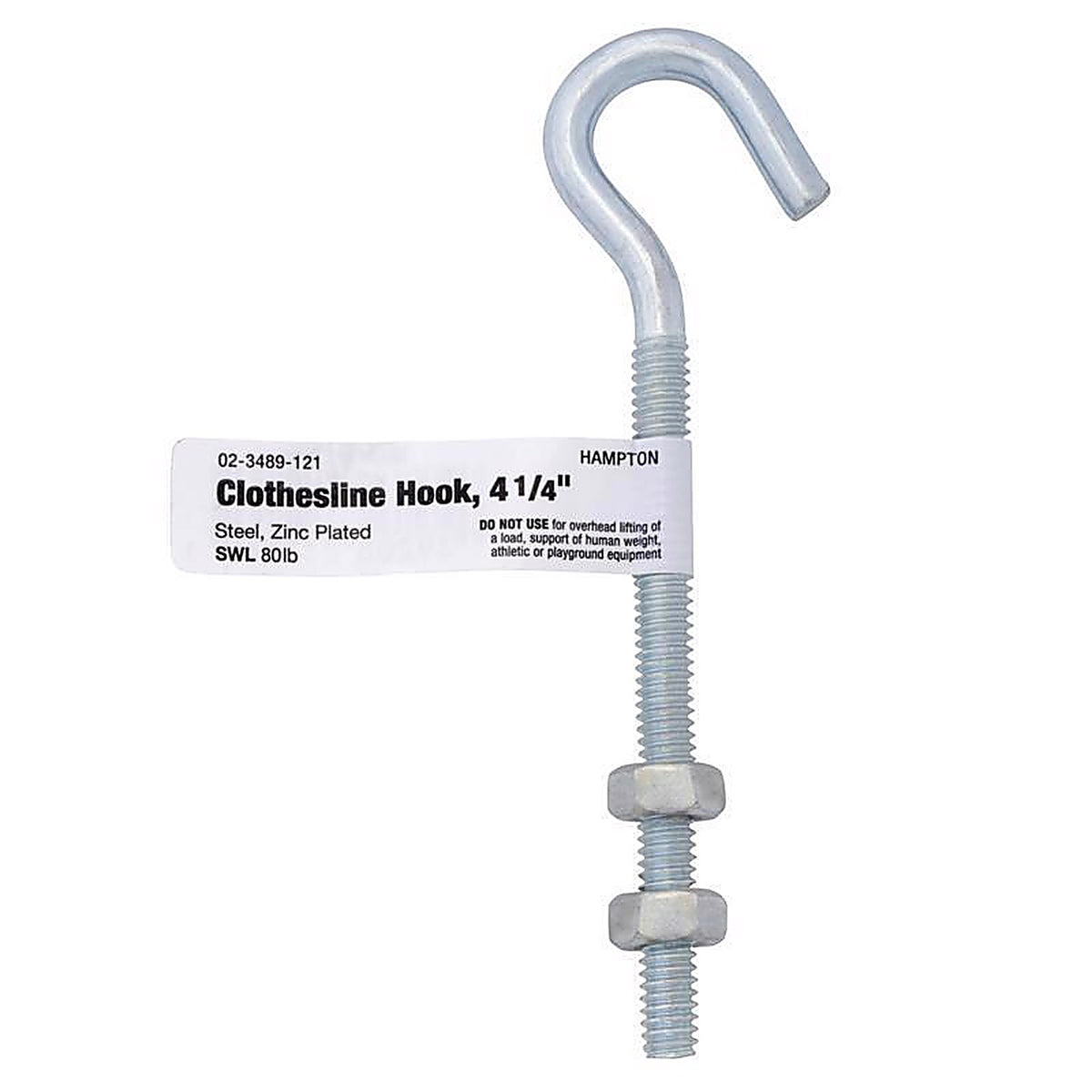 Hampton 02-3489-121 Small Zinc-Plated Silver Steel 4 in. L Clothesline Bolt Hook 80 lb. 1/Pack