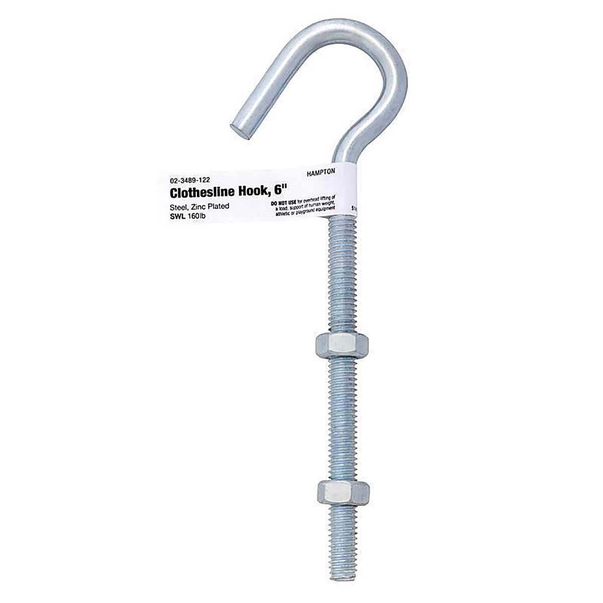 Hampton 02-3489-122 Medium Zinc-Plated Silver Steel 6 in. L Clothesline Bolt Hook 160 lb. 1/Pack