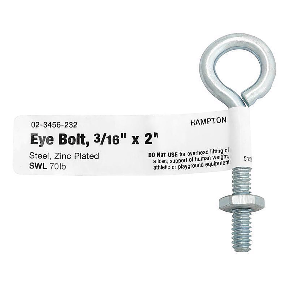 Hampton 02-3456-232 3/16 in. x 2 in. L Zinc-Plated Steel Eyebolt Nut Included