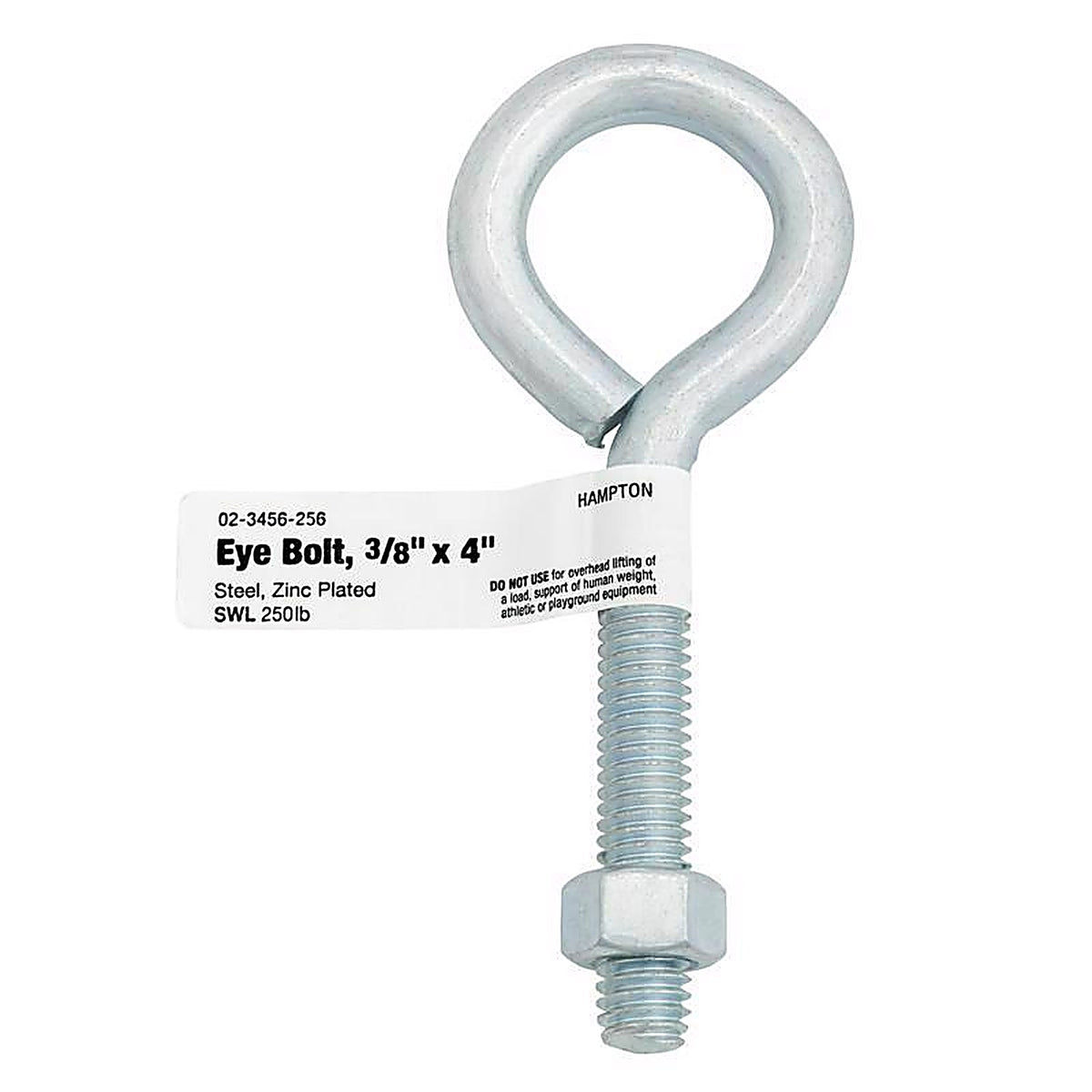 Hampton 02-3456-256 3/8 in. x 4 in. L Zinc-Plated Steel Eyebolt Nut Included