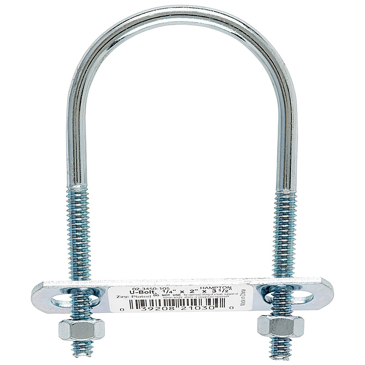 Hampton 02-3450-105 1/4 in. x 2 in. W x 3-1/2 in. L Coarse Zinc-Plated Steel U-Bolt