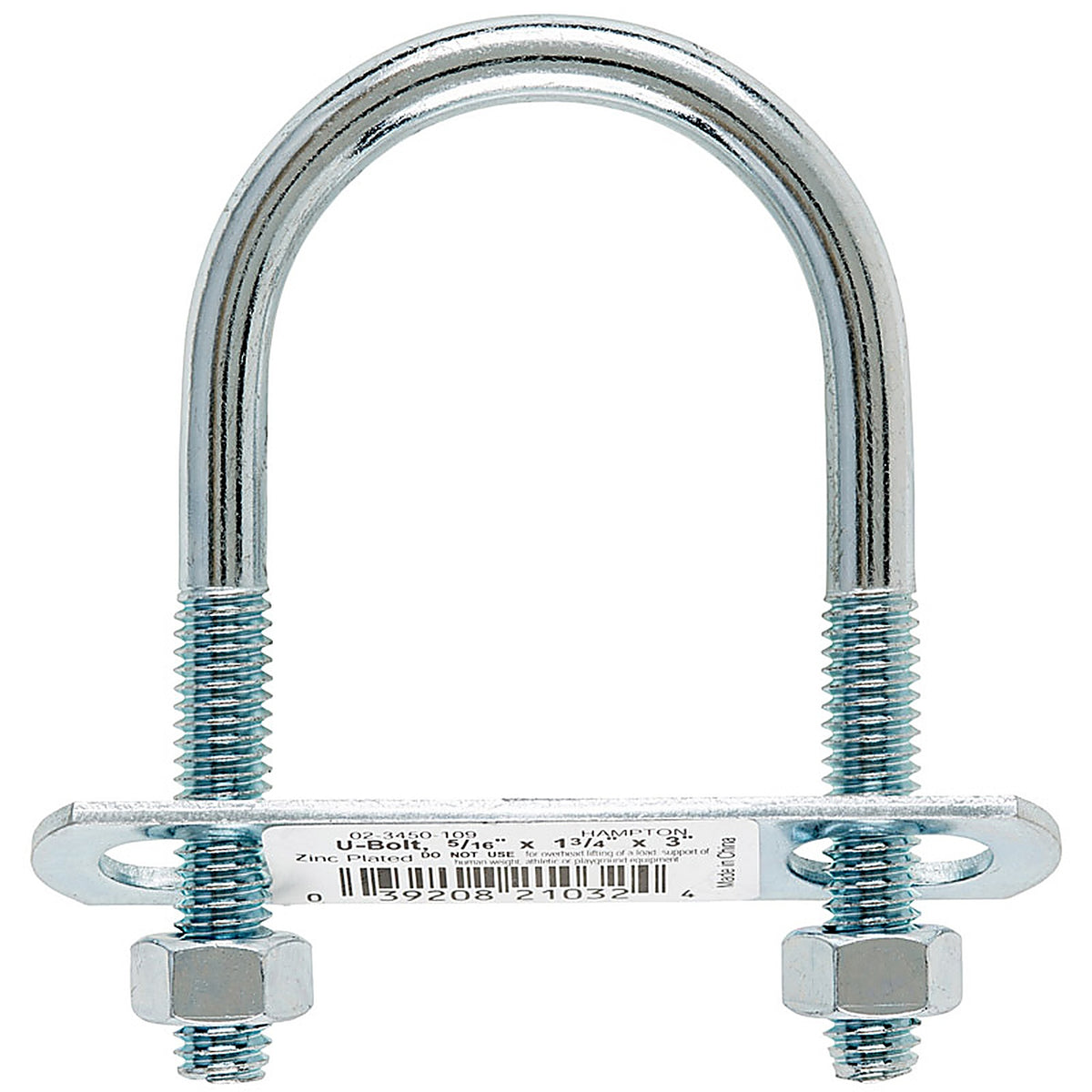 Hampton 02-3450-109 5/16 in. x 1-3/4 in. W x 3 in. L Coarse Zinc-Plated Steel U-Bolt