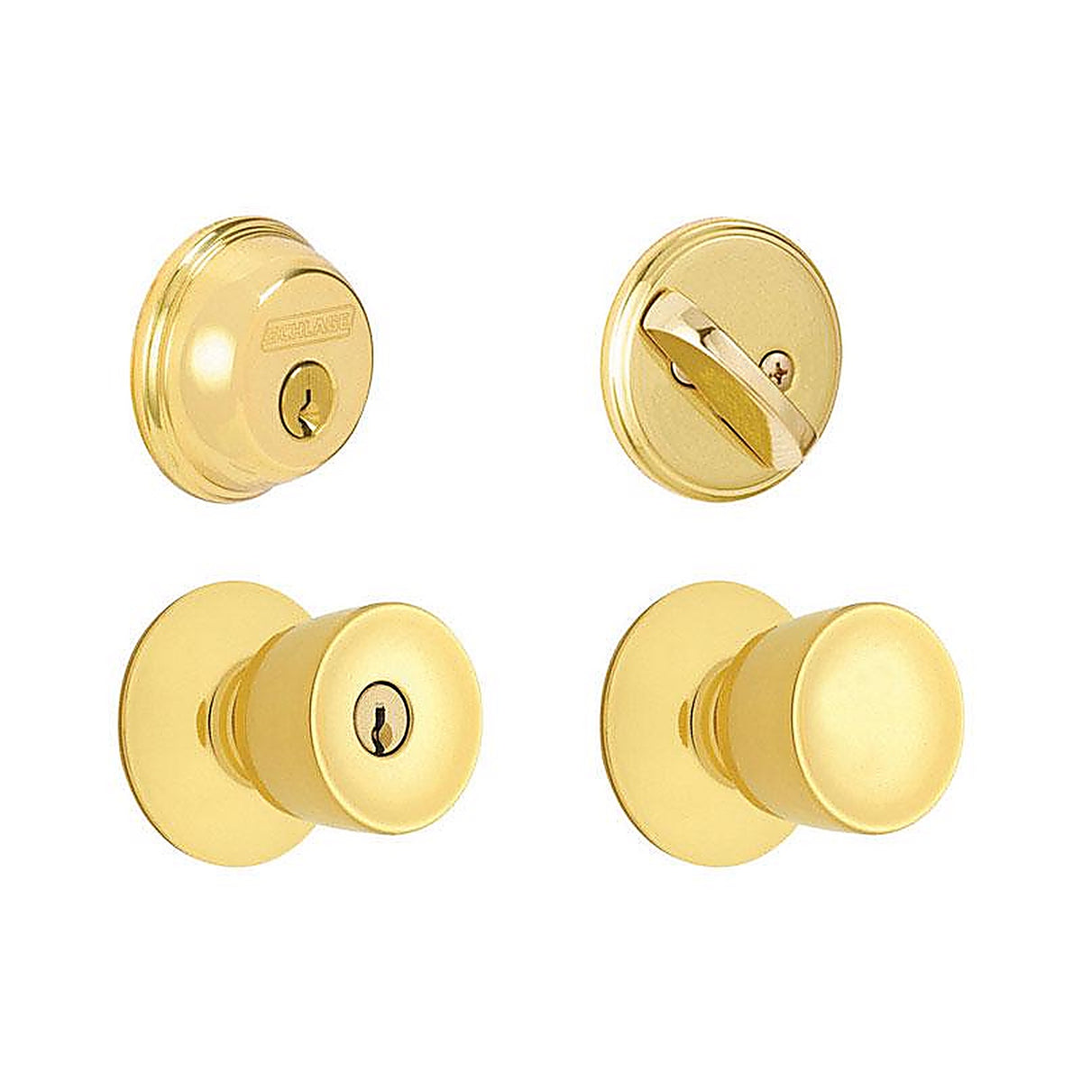Schlage FB50NVBEL505 Bell Bright Brass Knob and Single Cylinder Deadbolt ANSI Grade 2 1-3/4 in.