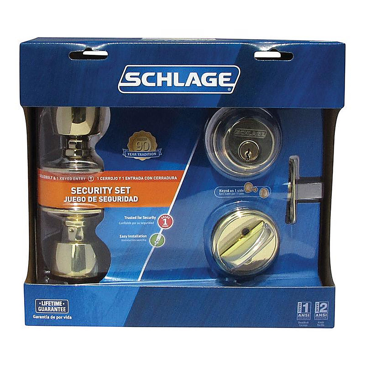 Schlage FB50NVBEL505 Bell Bright Brass Knob and Single Cylinder Deadbolt ANSI Grade 2 1-3/4 in.