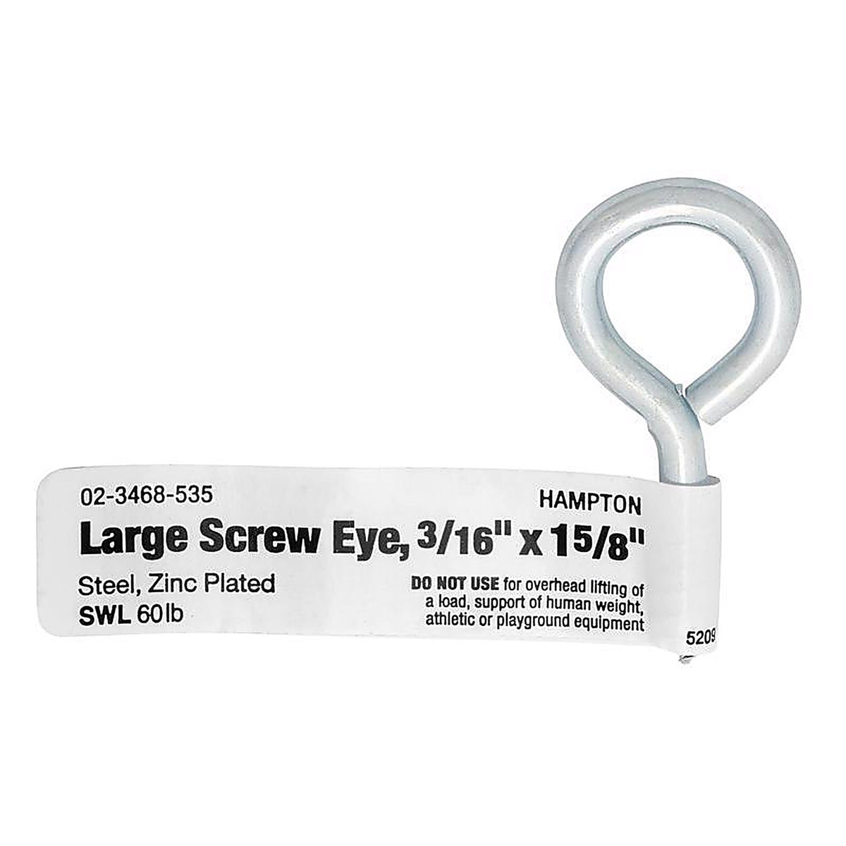 Hampton 02-3468-535 3/16 in. Dia. x 1-5/8 in. L Zinc-Plated Steel Screw Eye 60 lb. capacity 50/Pack