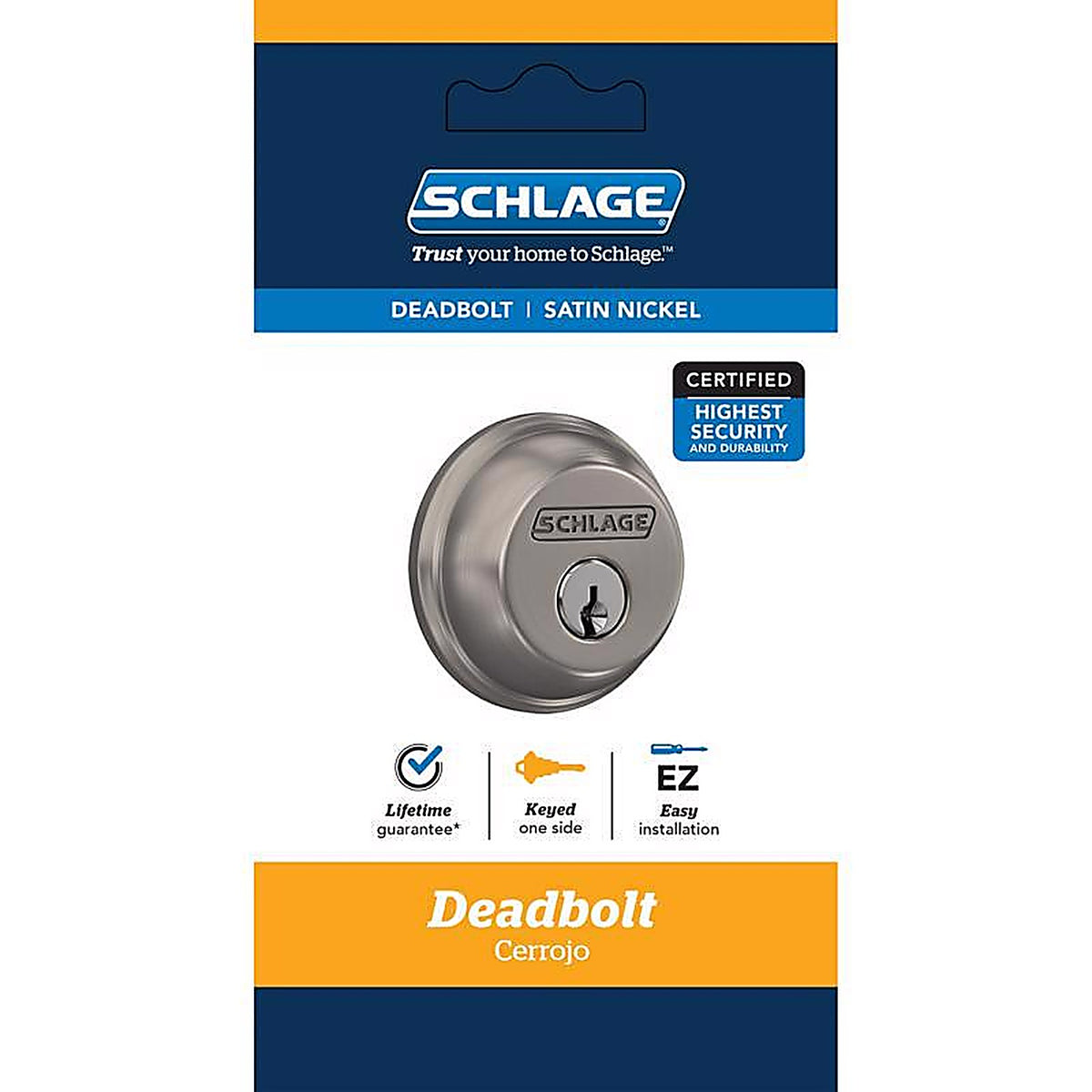 Schlage - B60 N G 619 - Satin Nickel Zinc Single Cylinder Deadbolt