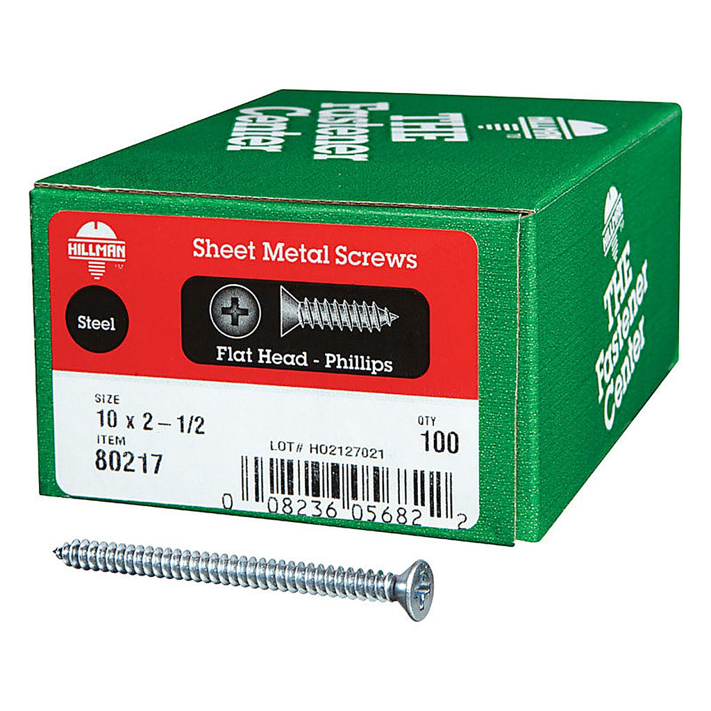 Hillman 80217 No. 10 x 2-1/2 in. L Phillips Flat Head Zinc-Plated Steel Sheet Metal Screws 100 1/Pack