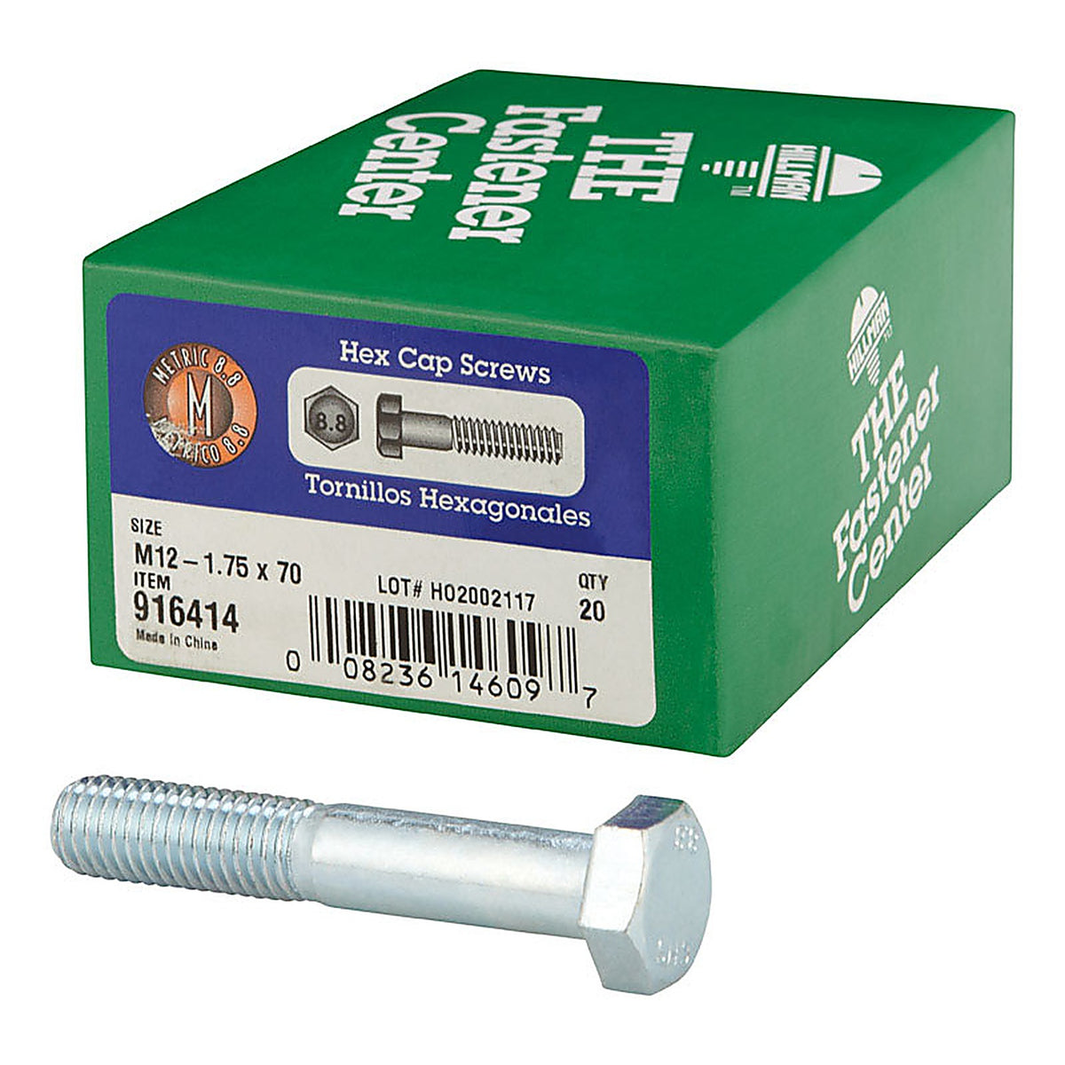 Hillman 916414 M12-1.75 mm Dia. x 70 mm L Heat Treated Steel Hex Head Cap Screw 20/Pack