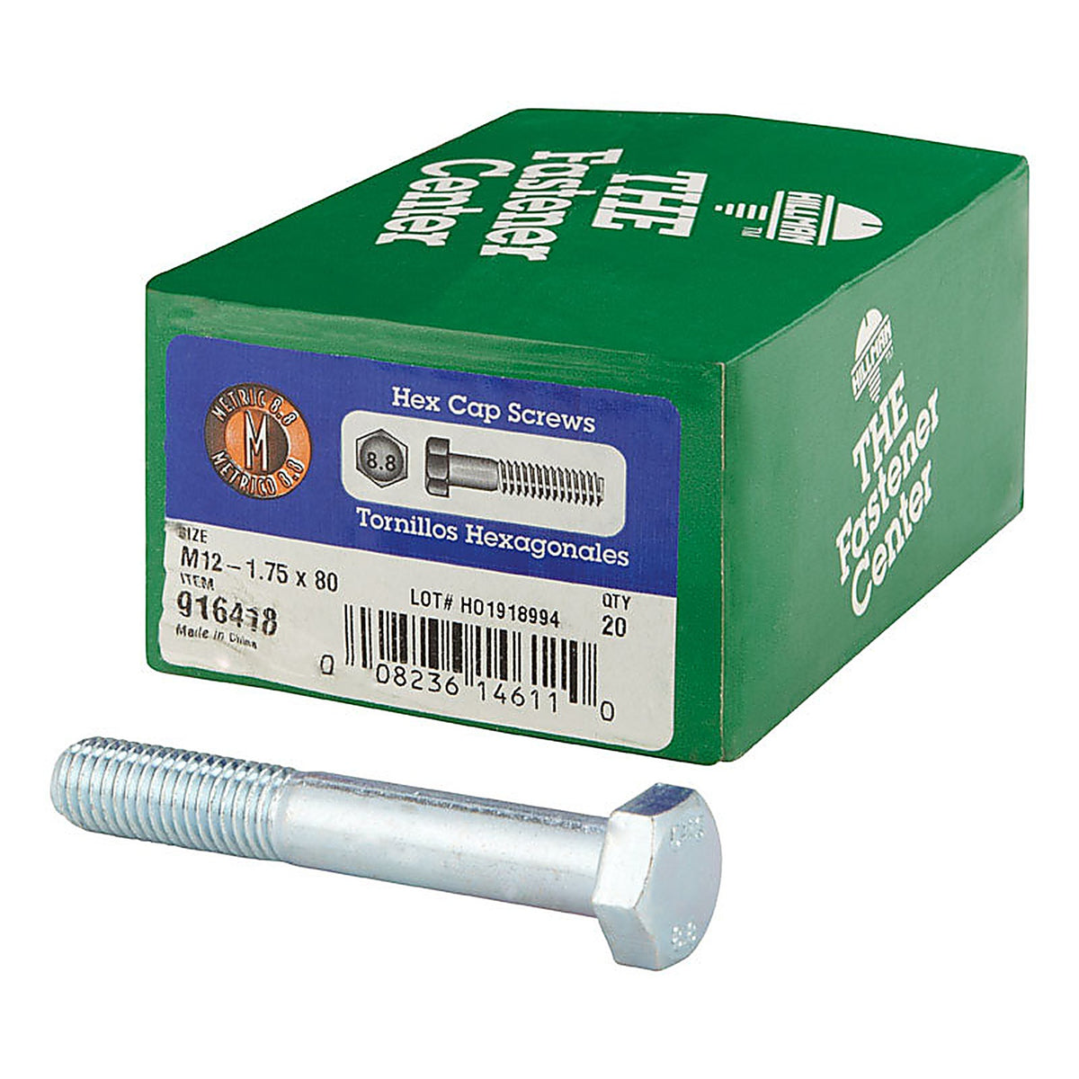 Hillman 916418 M12-1.75 mm Dia. x 80 mm L Heat Treated Steel Hex Head Cap Screw 20/Pack