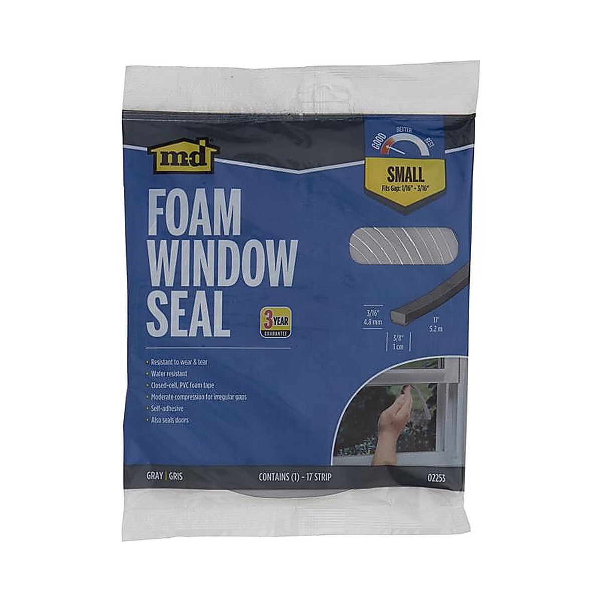 M-D 2253 Gray Foam Weather Stripping Tape For Doors and Windows, Doors and Windows 17 ft. L x 3/16 in.