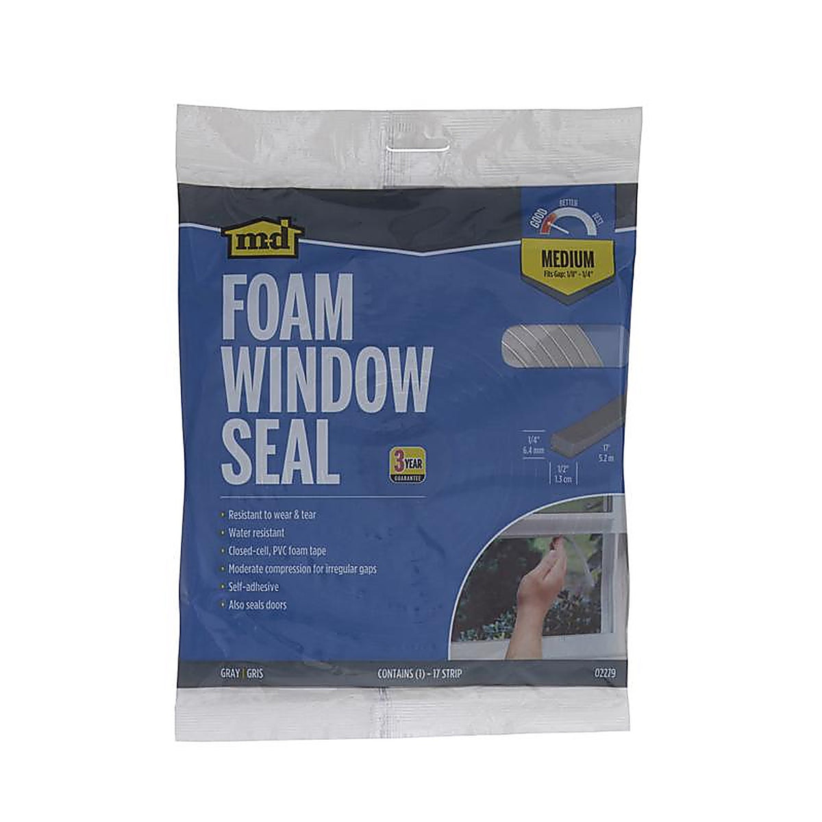 M-D 2279 Gray Foam Weather Stripping Tape For Doors and Windows, Doors and Windows 17 ft. L x 1/4 in.