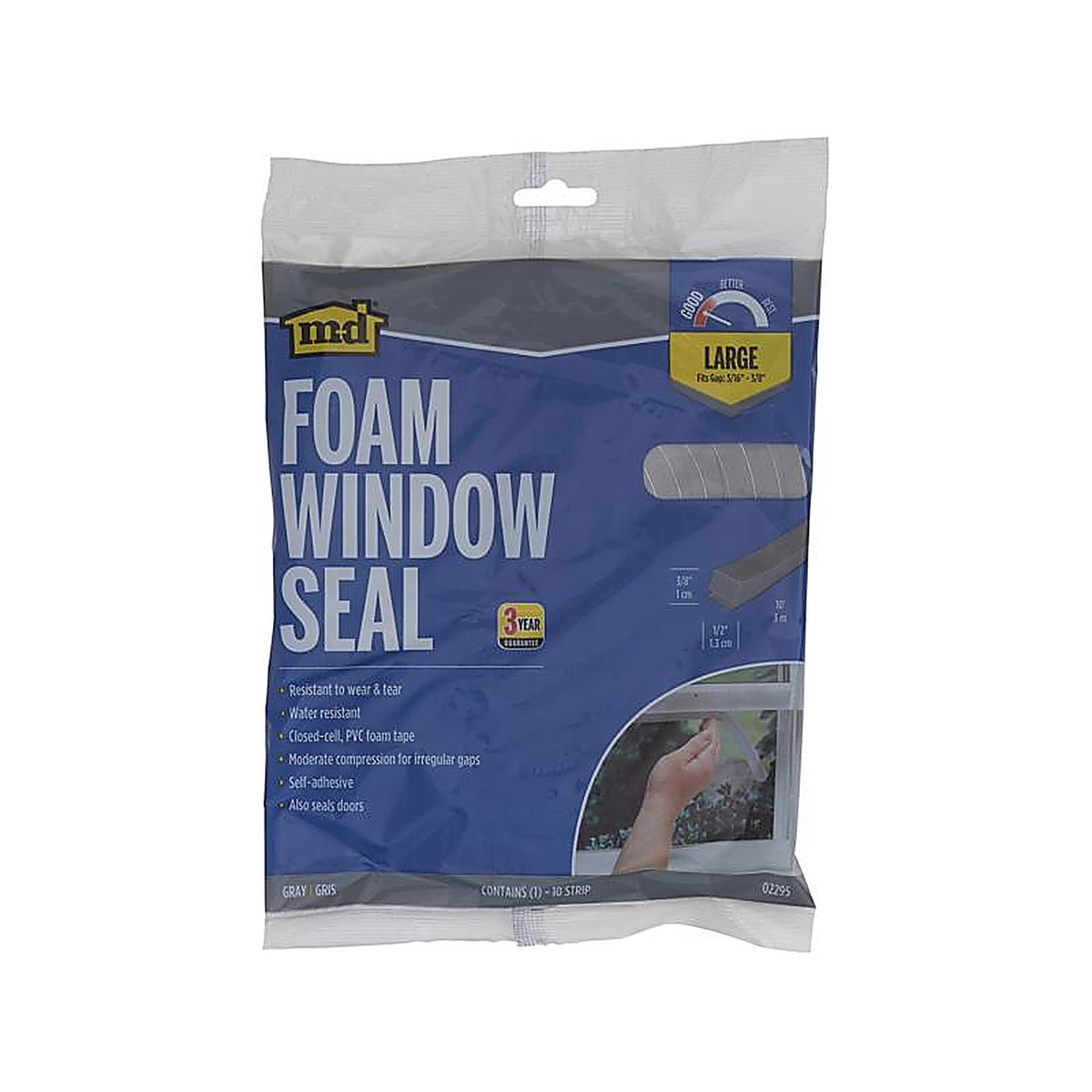 M-D 2295 Gray Foam Weather Stripping Tape For Doors and Windows, Doors and Windows 10 ft. L x 3/8 in.