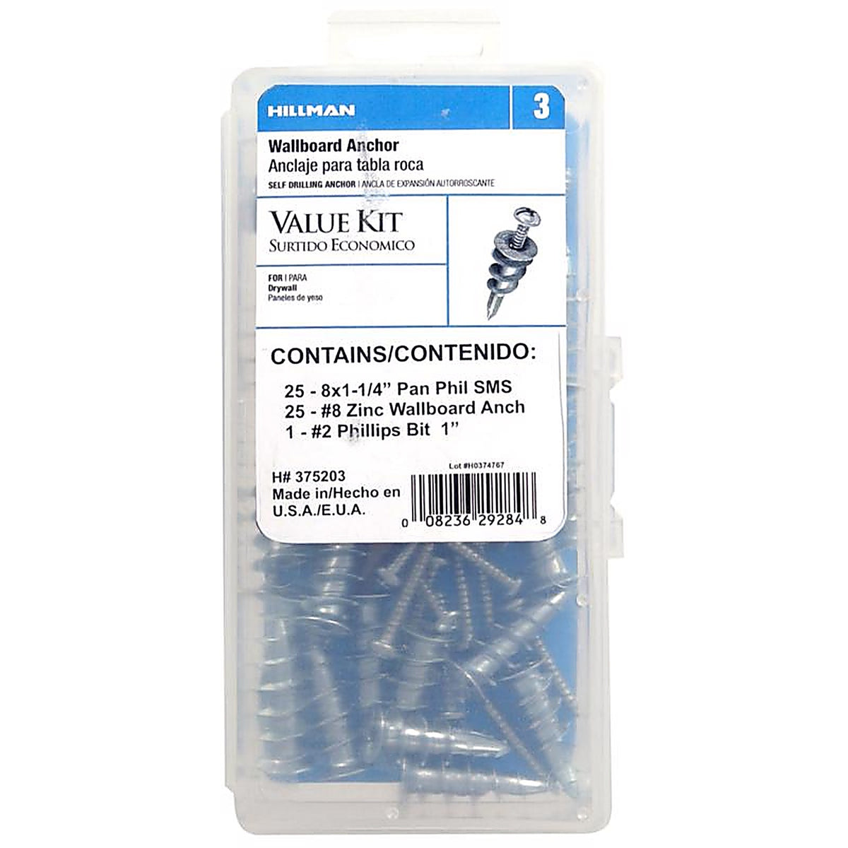 Hillman 375203 .164 in. Dia. x 1-1/4 in. L Zinc Pan Head Wallboard Anchor Kit 1/Pack