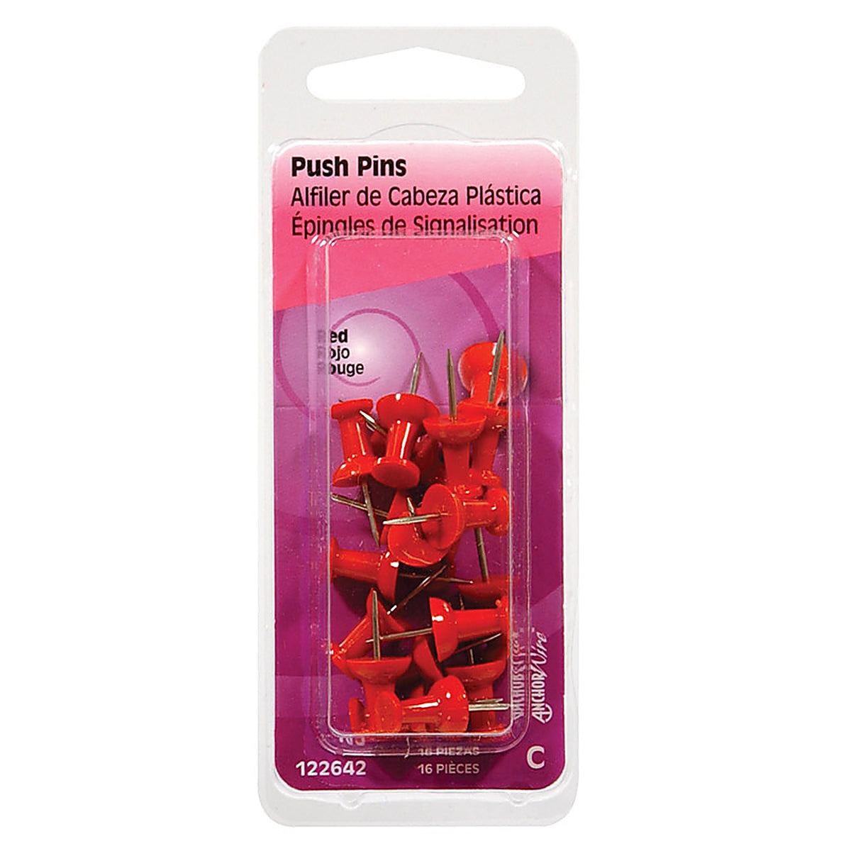 Hillman 122642 Red Push Pins 16/Pack