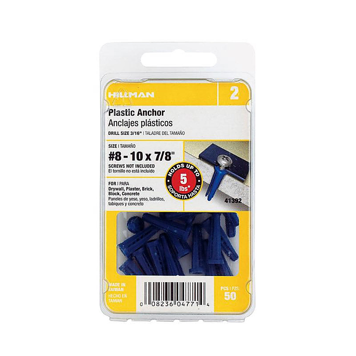 Hillman 41392 .164 in. Dia. x 7/8 in. L Plastic Flat Head Conical Anchor 50/Pack