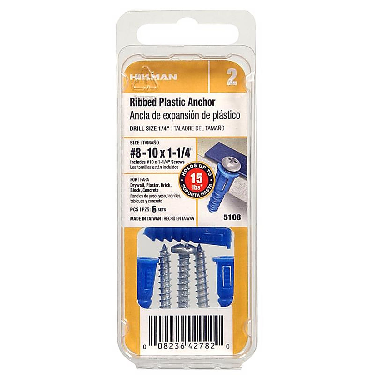 Hillman 5108 0.164 in. Dia. x 1-1/4 in. L Plastic Pan Head Ribbed Anchor 6/Pack
