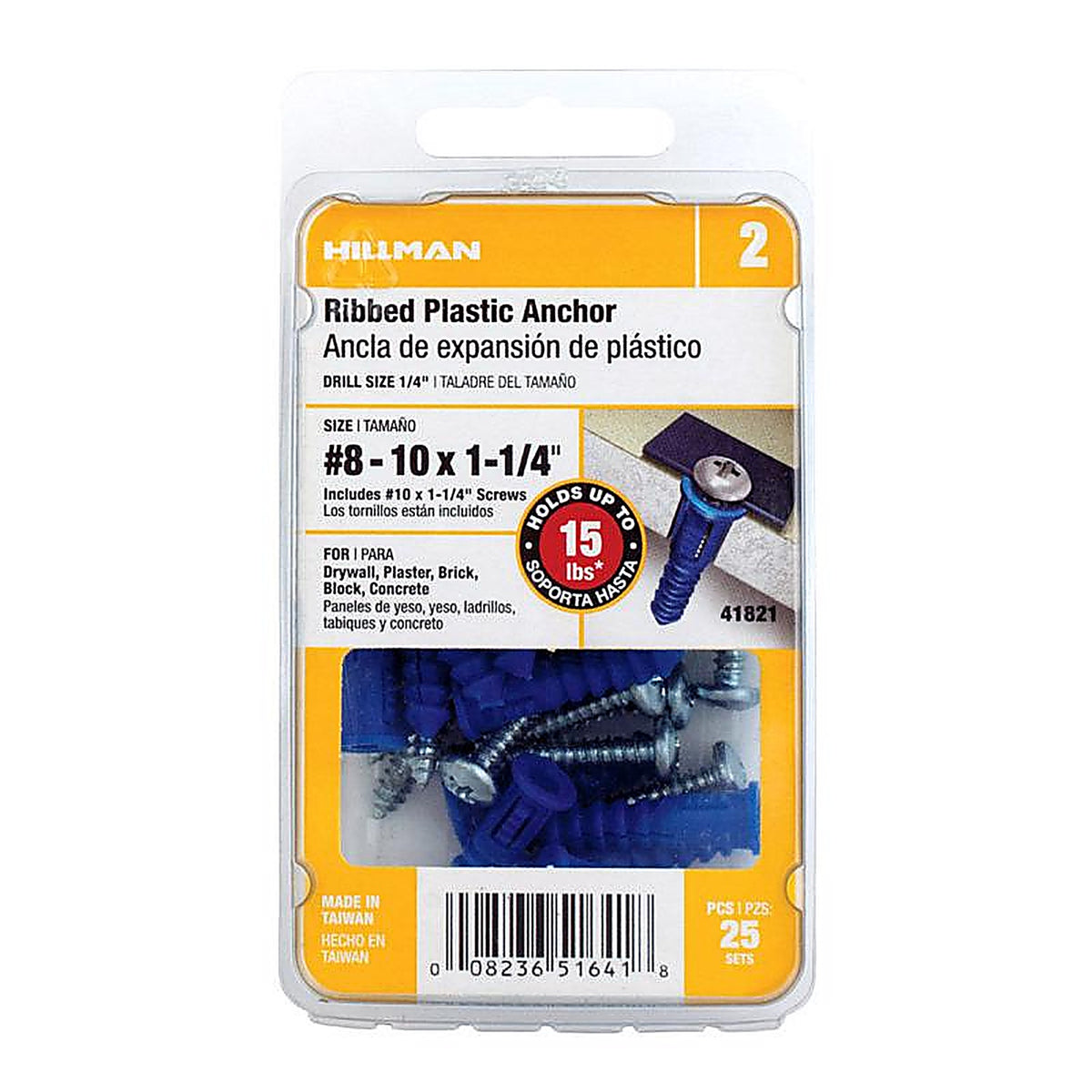 Hillman 41821 0.164 in. Dia. x 1-1/4 in. L Plastic Ribbed Head Ribbed Anchor 25/Pack