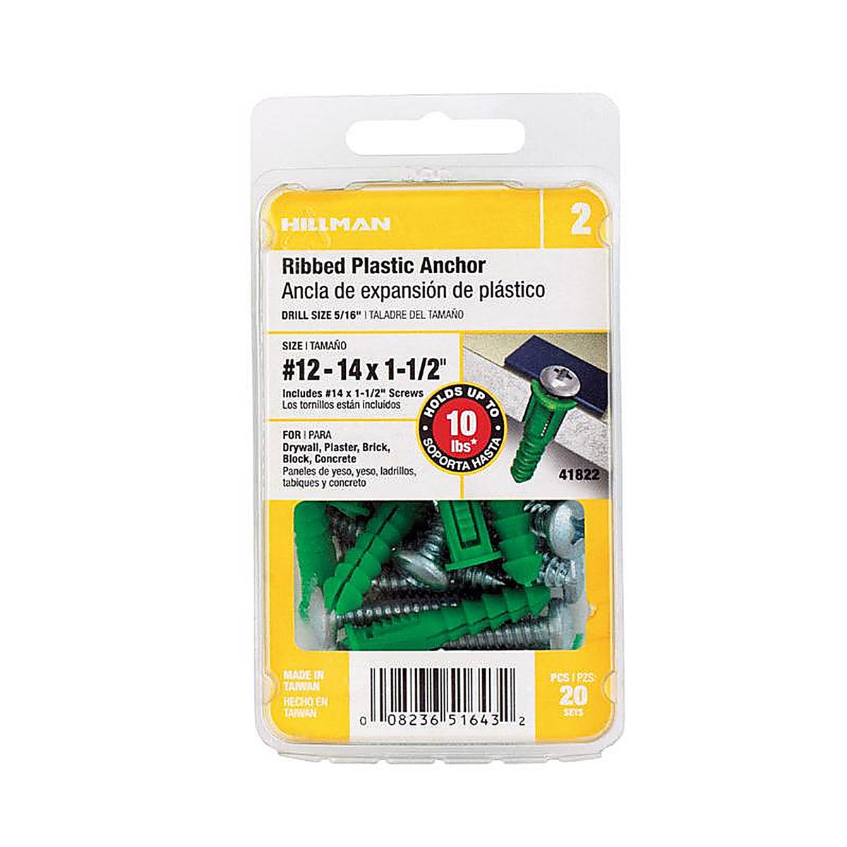 Hillman 41822 1/4 in. Dia. x 1-1/2 in. L Plastic Ribbed Head Ribbed Anchor 20/Pack