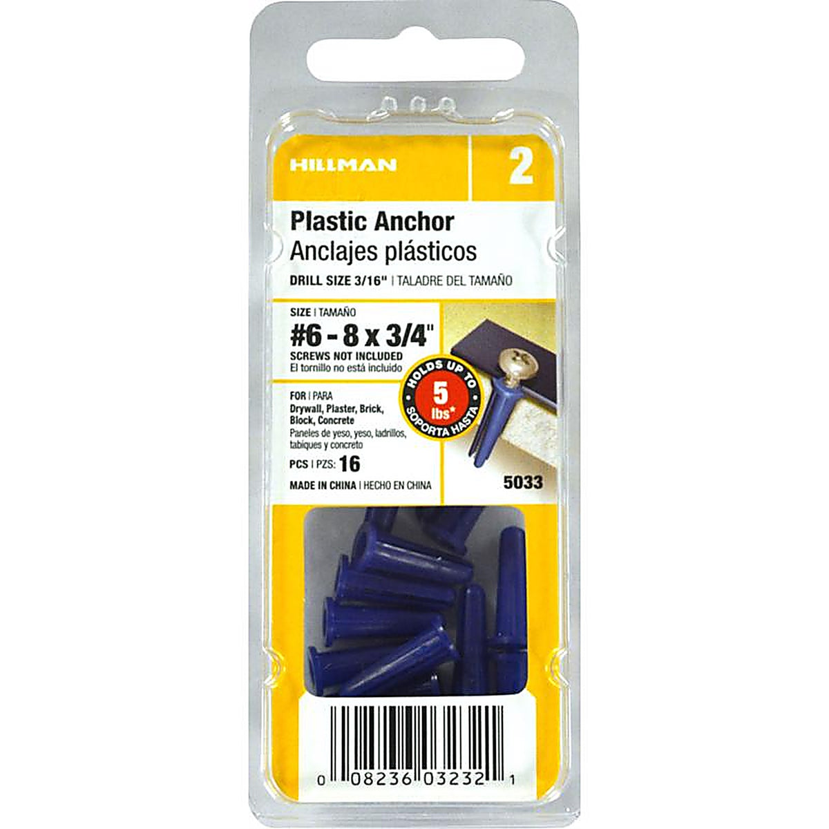 Hillman 5033 .138 in. Dia. x 3/4 in. L Plastic Pan Head Conical Anchor 16/Pack