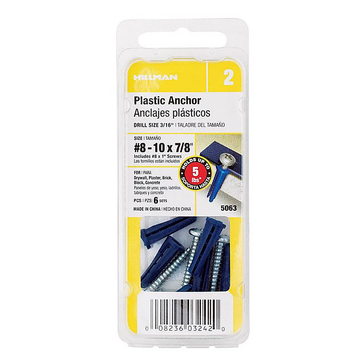 Hillman 5063 .164 in. Dia. x 7/8 in. L Plastic Pan Head Conical Anchor 6/Pack