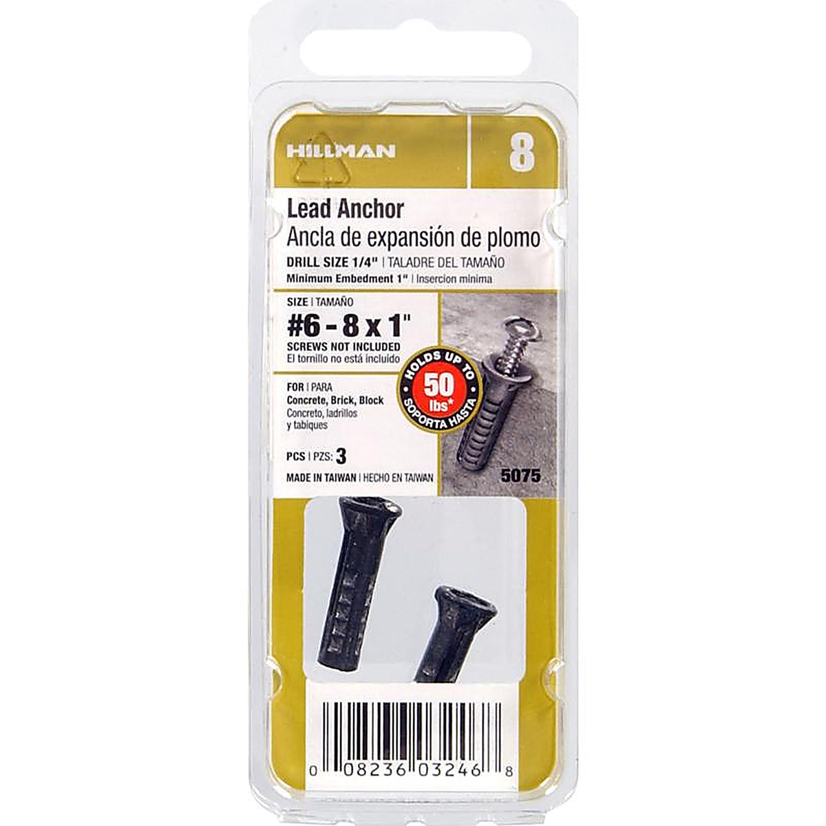 Hillman 5075 0.164 in. Dia. x 1 in. L Lead Round Head Concrete Screw Anchor 3/Pack