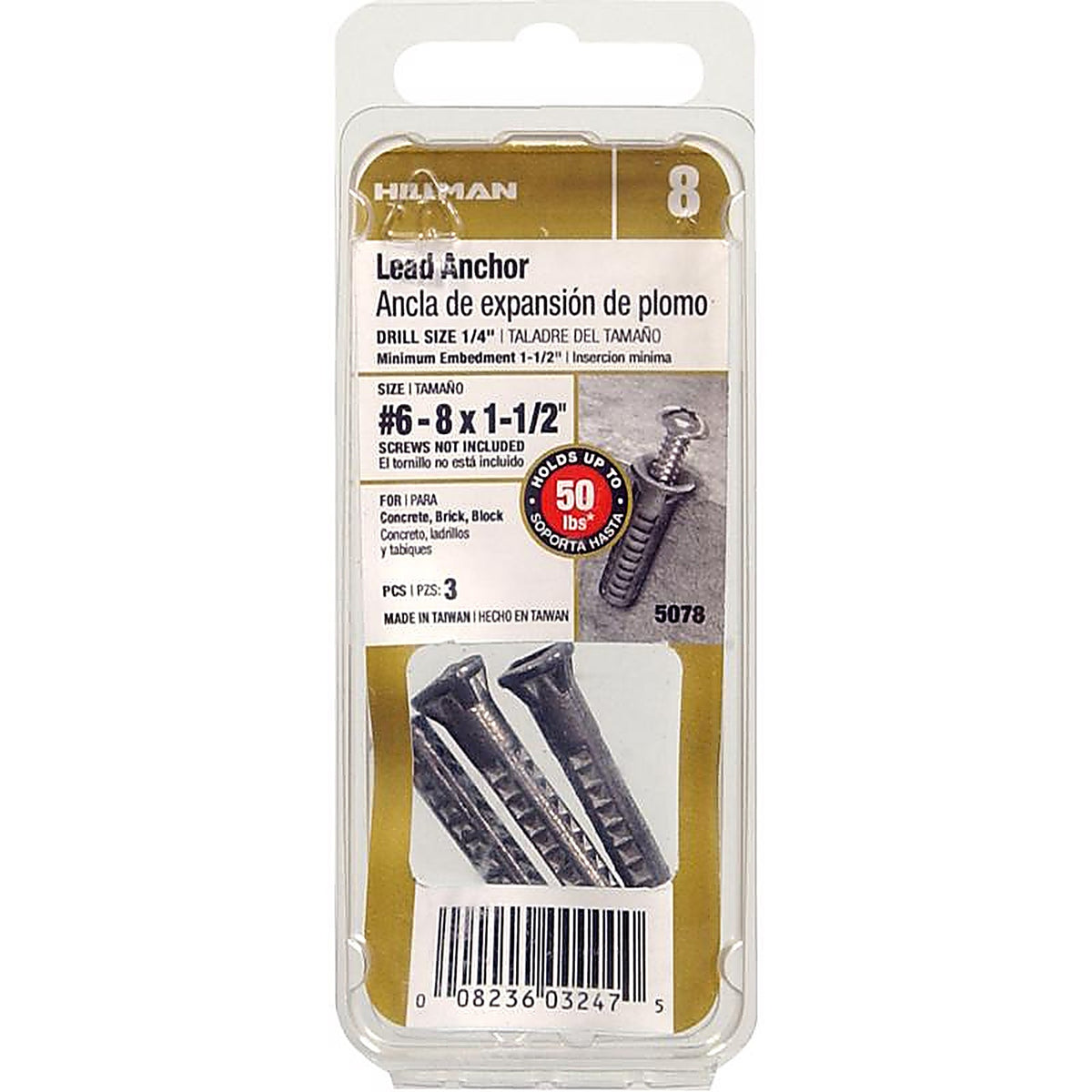 Hillman 5078 0.164 in. Dia. x 1-1/2 in. L Lead Round Head Concrete Screw Anchor 3/Pack